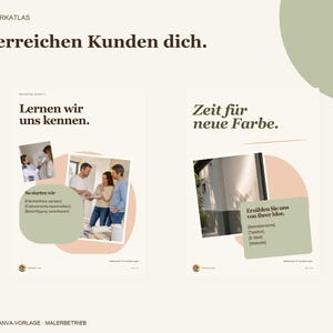 K&ouml;nnte beinhalten: Eine digitale Canva-Vorlage f&uuml;r einen Malerbetrieb mit zwei Seiten in Beige, Akzenten in Salbeigr&uuml;n und dunkelbraunem Text. Das Layout enth&auml;lt Fotos von Personen bei der Projektbesprechung sowie Platzhalter f&uuml;r Kontaktinformationen.