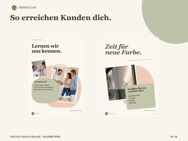 K&ouml;nnte beinhalten: Eine digitale Canva-Vorlage f&uuml;r einen Malerbetrieb mit zwei Seiten in Beige, Akzenten in Salbeigr&uuml;n und dunkelbraunem Text. Das Layout enth&auml;lt Fotos von Personen bei der Projektbesprechung sowie Platzhalter f&uuml;r Kontaktinformationen.