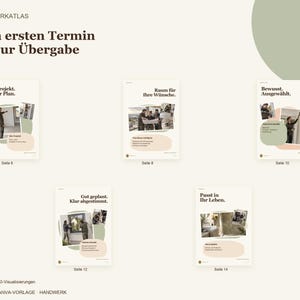K&ouml;nnte beinhalten: Eine digitale Canva-Vorlage f&uuml;r Handwerksbetriebe mit dem Titel Werkatlas, bestehend aus f&uuml;nf Seitenlayouts mit dem Text Vom ersten Termin bis zur &Uuml;bergabe. Jede Seite zeigt Planungsschritte, Baustellenfotos und grafische Akzente in sanften Farbt&ouml;nen.