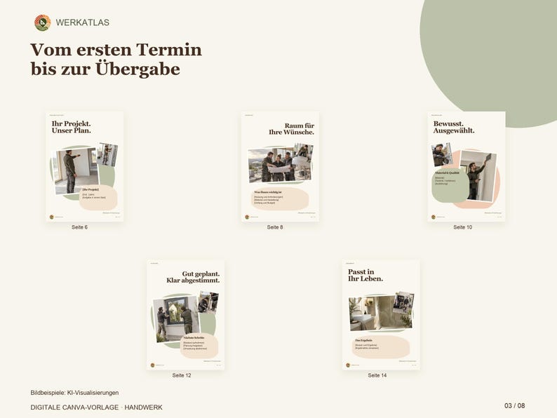 K&ouml;nnte beinhalten: Eine digitale Canva-Vorlage f&uuml;r Handwerksbetriebe mit dem Titel Werkatlas, bestehend aus f&uuml;nf Seitenlayouts mit dem Text Vom ersten Termin bis zur &Uuml;bergabe. Jede Seite zeigt Planungsschritte, Baustellenfotos und grafische Akzente in sanften Farbt&ouml;nen.