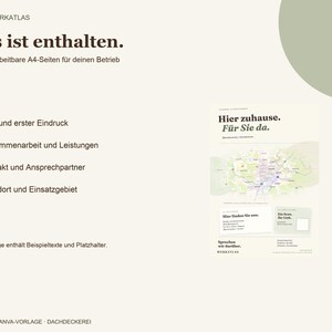 May include: A digital template for a roofing business featuring the text Das ist enthalten, Vier bearbeitbare A4-Seiten f&uuml;r deinen Betrieb, and a preview of a document titled Hier zuhause. F&uuml;r Sie da with a map graphic and contact details.