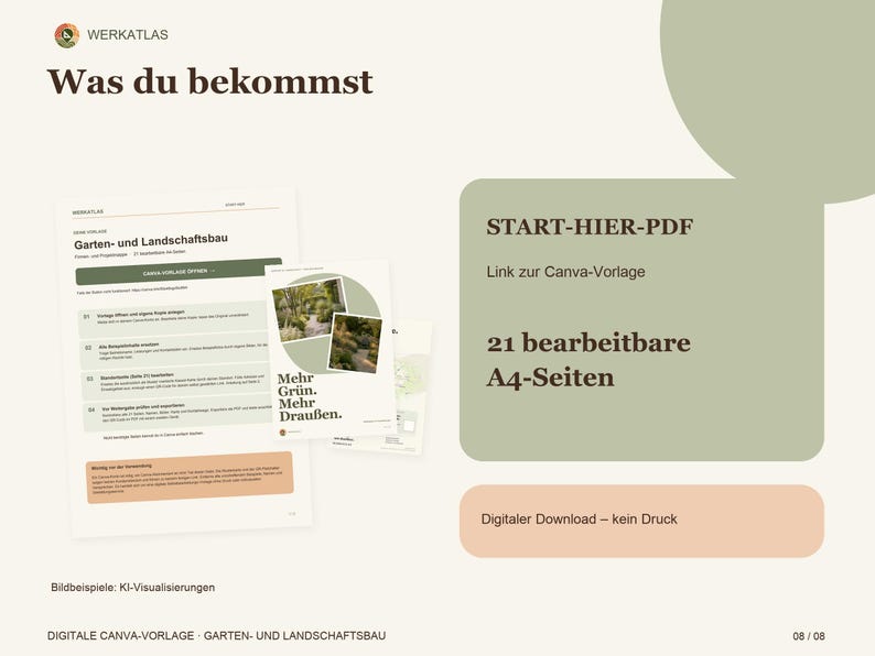 K&ouml;nnte beinhalten: Ein digitales Vorlagendokument mit dem Titel Garten- und Landschaftsbau mit 21 bearbeitbaren A4-Seiten. Das Layout enth&auml;lt einen START-HIER-PDF-Link zu einer Canva-Vorlage, deutschen Text und Bilder von Gartenlandschaften mit dem Text Mehr Gr&uuml;n. Mehr Drau&szlig;en.
