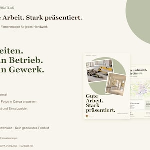 K&ouml;nnte beinhalten: Eine digitale Canva-Vorlage f&uuml;r eine vierseitige Firmenmappe im A4-Hochformat. Das Design enth&auml;lt den Text "Gute Arbeit. Stark pr&auml;sentiert." und "4 Seiten. Dein Betrieb. Dein Gewerk." sowie Platzhalter f&uuml;r Fotos von Werkzeugen und Innenr&auml;umen.