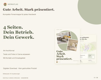 Könnte beinhalten: Eine digitale Canva-Vorlage für eine vierseitige Firmenmappe im A4-Hochformat. Das Design enthält den Text "Gute Arbeit. Stark präsentiert." und "4 Seiten. Dein Betrieb. Dein Gewerk." sowie Platzhalter für Fotos von Werkzeugen und Innenräumen.