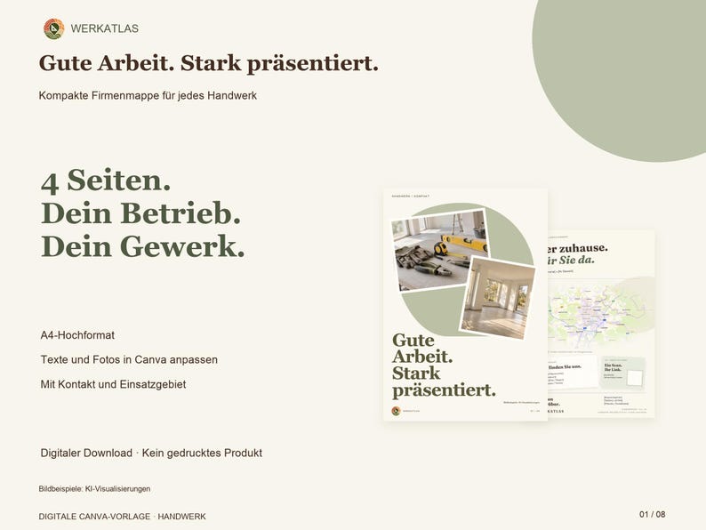 K&ouml;nnte beinhalten: Eine digitale Canva-Vorlage f&uuml;r eine vierseitige Firmenmappe im A4-Hochformat. Das Design enth&auml;lt den Text "Gute Arbeit. Stark pr&auml;sentiert." und "4 Seiten. Dein Betrieb. Dein Gewerk." sowie Platzhalter f&uuml;r Fotos von Werkzeugen und Innenr&auml;umen.