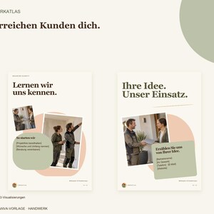 K&ouml;nnte beinhalten: Eine digitale Canva-Vorlage f&uuml;r Handwerksbetriebe mit dem Text "WERKATLAS" und "So erreichen Kunden dich." Das Layout enth&auml;lt zwei Informationsfelder mit Fotos von Handwerkern, betitelt mit "Lernen wir uns kennen." und "Ihre Idee. Unser Einsatz."