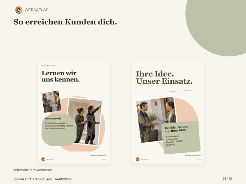 K&ouml;nnte beinhalten: Eine digitale Canva-Vorlage f&uuml;r Handwerksbetriebe mit dem Text "WERKATLAS" und "So erreichen Kunden dich." Das Layout enth&auml;lt zwei Informationsfelder mit Fotos von Handwerkern, betitelt mit "Lernen wir uns kennen." und "Ihre Idee. Unser Einsatz."