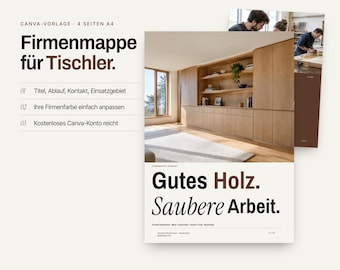 Bedrijfsbrochure voor een timmerbedrijf - Canva-sjabloon, modern · 4 pagina's · Afbeeldingenbrochure voor een meubelmakerij · Bedrijfspresentatie van een ambachtsbedrijf met expertisegebieden · PDF