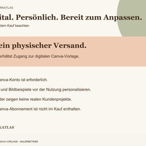 Op de afbeelding: Een digitale informatiegrafiek met de tekst: Digital. Pers&ouml;nlich. Bereit zum Anpassen. Bitte vor dem Kauf beachten. Kein physischer Versand. Du erh&auml;ltst Zugang zur digitalen Canva-Vorlage. Ein Canva-Konto ist erforderlich.