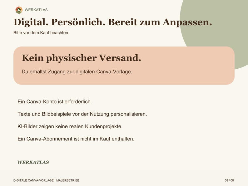 Op de afbeelding: Een digitale informatiegrafiek met de tekst: Digital. Pers&ouml;nlich. Bereit zum Anpassen. Bitte vor dem Kauf beachten. Kein physischer Versand. Du erh&auml;ltst Zugang zur digitalen Canva-Vorlage. Ein Canva-Konto ist erforderlich.