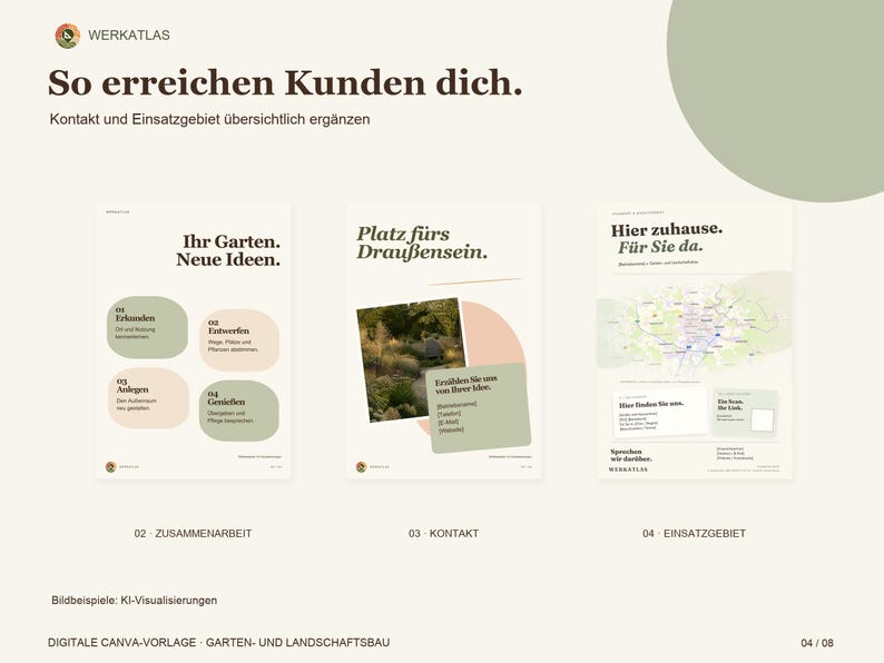 Op de afbeelding: Een digitaal Canva-sjabloon voor landschapsarchitectuur met drie pagina's met tekst in het Duits. De pagina's tonen secties met de titels So erreichen Kunden dich, Ihr Garten. Neue Ideen, Platz f&uuml;rs Drau&szlig;ensein en Hier zuhause. F&uuml;r Sie da, met zachte groene en beige kleurblokken en een kaartafbeelding.