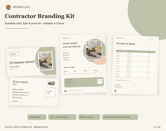 Szablon wizytówki dla wykonawcy | Zestaw do brandingu Canva: Wizytówka, Ulotka, Cennik dla branży budowlanej i rzemieślniczej | US+A4