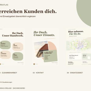 May include: A digital Canva template for roofing services featuring three pages with text in German. The layout includes sections for work processes, contact information, and service areas, utilizing a color palette of sage green and cream.