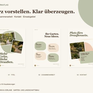 Op de afbeelding: Een digitaal Canva-sjabloon voor landschapsarchitectuur met drie pagina's met de tekst Kurz vorstellen. Klar &uuml;berzeugen., Mehr Gr&uuml;n. Mehr Drau&szlig;en., Ihr Garten. Neue Ideen. en Platz f&uuml;rs Drau&szlig;ensein. Het ontwerp gebruikt saliegroene en beige accenten.