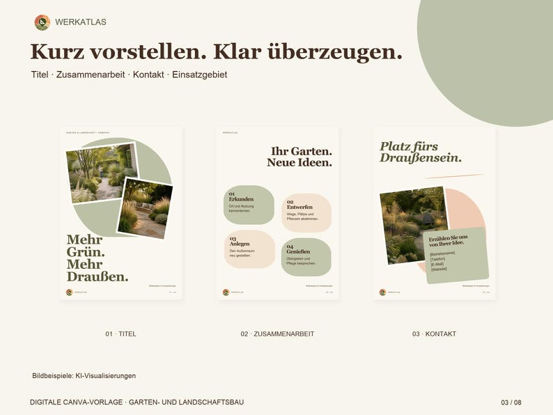 Op de afbeelding: Een digitaal Canva-sjabloon voor landschapsarchitectuur met drie pagina's met de tekst Kurz vorstellen. Klar &uuml;berzeugen., Mehr Gr&uuml;n. Mehr Drau&szlig;en., Ihr Garten. Neue Ideen. en Platz f&uuml;rs Drau&szlig;ensein. Het ontwerp gebruikt saliegroene en beige accenten.