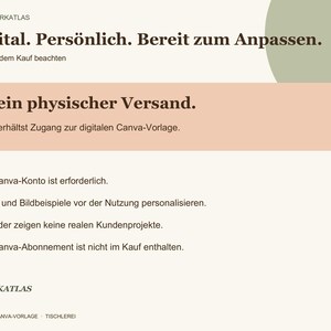 May include: A digital information graphic with the text Digital. Pers&ouml;nlich. Bereit zum Anpassen. and Kein physischer Versand. The layout includes a light beige background, a soft peach rectangular box, and a sage green circular accent.