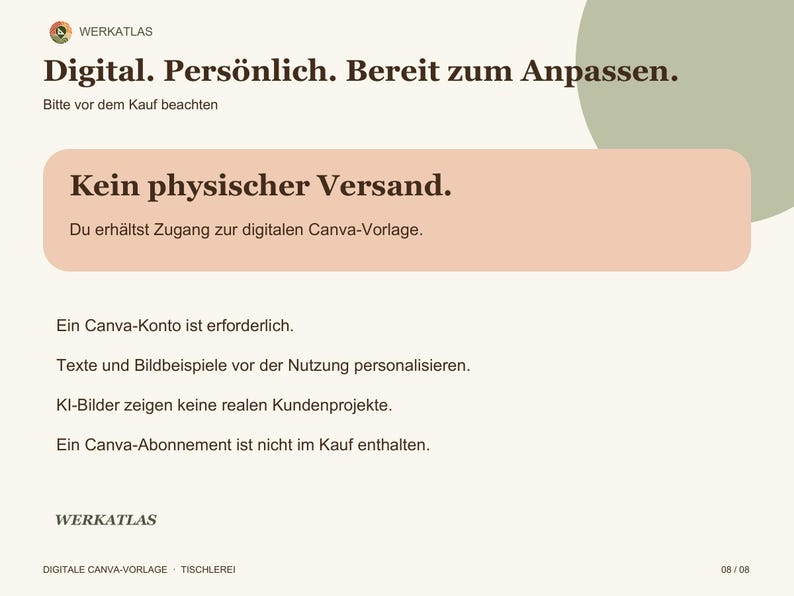 May include: A digital information graphic with the text Digital. Pers&ouml;nlich. Bereit zum Anpassen. and Kein physischer Versand. The layout includes a light beige background, a soft peach rectangular box, and a sage green circular accent.
