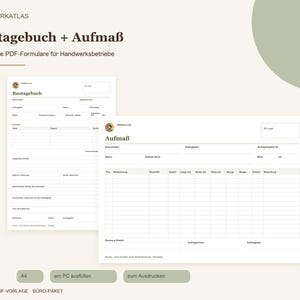 Puede incluir: Un conjunto de plantillas PDF digitales titulado Bautagebuch + Aufma&szlig; con formularios rellenables para empresas de construcci&oacute;n. Los documentos incluyen campos para detalles del proyecto, fechas y mediciones en un dise&ntilde;o limpio.