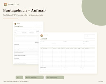 May include: A digital PDF template set titled Bautagebuch + Aufmaß featuring fillable forms for construction businesses. The documents include fields for project details, dates, and measurements, presented in a clean, professional layout.