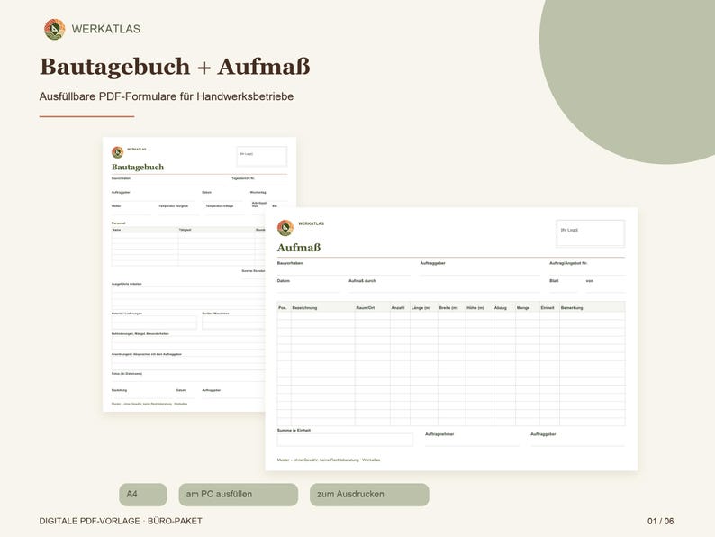 Puede incluir: Un conjunto de plantillas PDF digitales titulado Bautagebuch + Aufma&szlig; con formularios rellenables para empresas de construcci&oacute;n. Los documentos incluyen campos para detalles del proyecto, fechas y mediciones en un dise&ntilde;o limpio.