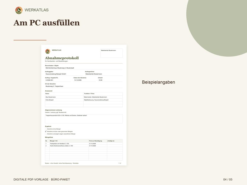 Szablon protokołu odbioru (PDF, do wypełnienia) | Odbiór robót budowlanych dla fachowców i usług budowlanych | Lista usterek w formacie A4 z polem na logo zdjęcie 4