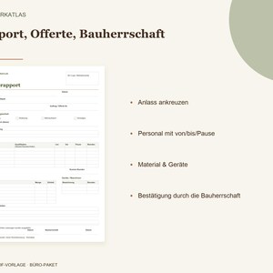 May include: A digital PDF template titled WERK ATLAS featuring a Regierapport form with sections for project details, personnel hours, materials, equipment, and client confirmation, alongside a list of key form components.