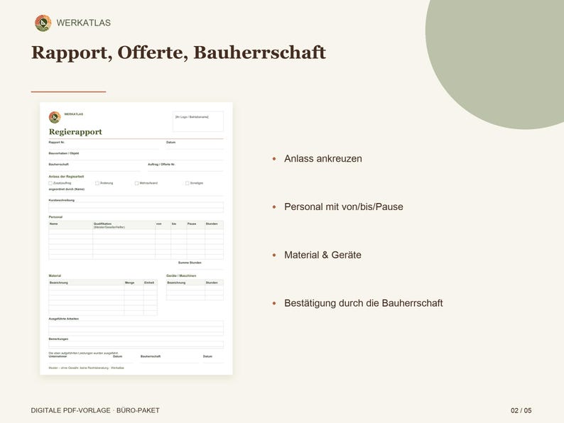 May include: A digital PDF template titled WERK ATLAS featuring a Regierapport form with sections for project details, personnel hours, materials, equipment, and client confirmation, alongside a list of key form components.