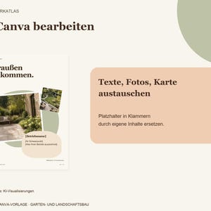 K&ouml;nnte beinhalten: Eine digitale Canva-Vorlage f&uuml;r Garten- und Landschaftsbau mit dem Text In Canva bearbeiten, Drau&szlig;en ankommen sowie Texte, Fotos, Karte austauschen. Das Layout enth&auml;lt ein Gartenfoto, Platzhalter in Klammern und Akzente in Gr&uuml;n und Pfirsich.