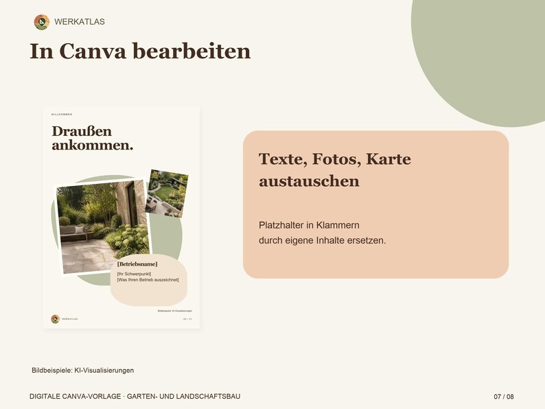 K&ouml;nnte beinhalten: Eine digitale Canva-Vorlage f&uuml;r Garten- und Landschaftsbau mit dem Text In Canva bearbeiten, Drau&szlig;en ankommen sowie Texte, Fotos, Karte austauschen. Das Layout enth&auml;lt ein Gartenfoto, Platzhalter in Klammern und Akzente in Gr&uuml;n und Pfirsich.