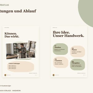 K&ouml;nnte beinhalten: Eine digitale Canva-Vorlage f&uuml;r Handwerksleistungen mit dem Titel Leistungen und Ablauf. Sie besteht aus zwei Seiten mit deutschem Text, darunter &Uuml;berschriften wie K&ouml;nnen. Das wirkt. und Ihre Idee. Unser Handwerk., sowie Platzhaltern f&uuml;r Bilder und Leistungslisten.