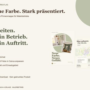 Op de afbeelding: Een digitale vierpagina bedrijfsmap-sjabloon voor schildersbedrijven in A4-portretformaat. Het ontwerp bevat de tekst Neue Farbe. Stark pr&auml;sentiert. 4 Seiten. Dein Betrieb. Dein Auftritt. Neue Farbe. Neues Gef&uuml;hl. Hier zuhause. F&uuml;r Sie da.