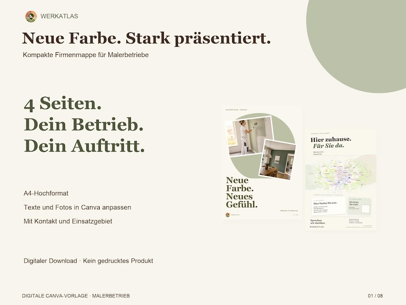 Op de afbeelding: Een digitale vierpagina bedrijfsmap-sjabloon voor schildersbedrijven in A4-portretformaat. Het ontwerp bevat de tekst Neue Farbe. Stark pr&auml;sentiert. 4 Seiten. Dein Betrieb. Dein Auftritt. Neue Farbe. Neues Gef&uuml;hl. Hier zuhause. F&uuml;r Sie da.
