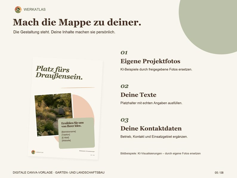 Op de afbeelding: Een digitaal Canva-sjabloon voor hoveniersdiensten met de tekst Mach die Mappe zu deiner, Platz f&uuml;rs Drau&szlig;ensein, en secties voor projectfoto's, eigen teksten en contactgegevens op een lichtbeige achtergrond.