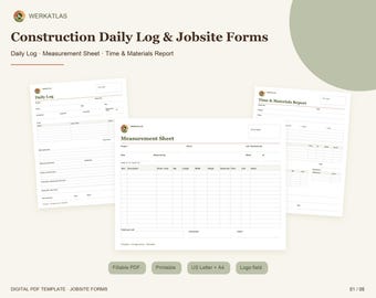 Construction Daily Log Template | Jobsite Forms Bundle: Daily Report, Measurement Sheet, T&M Report | Fillable PDF, US Letter + A4