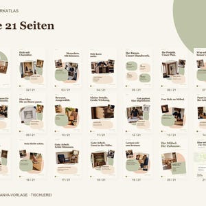 K&ouml;nnte beinhalten: Eine digitale Canva-Vorlage f&uuml;r eine Tischlerei mit 21 Seiten unter dem Titel Alle 21 Seiten. Jede Seite zeigt verschiedene Holzprojekte, Werkstattszenen und deutschen Text, angeordnet in einem Raster mit weichen gr&uuml;nen und beigen Akzenten.