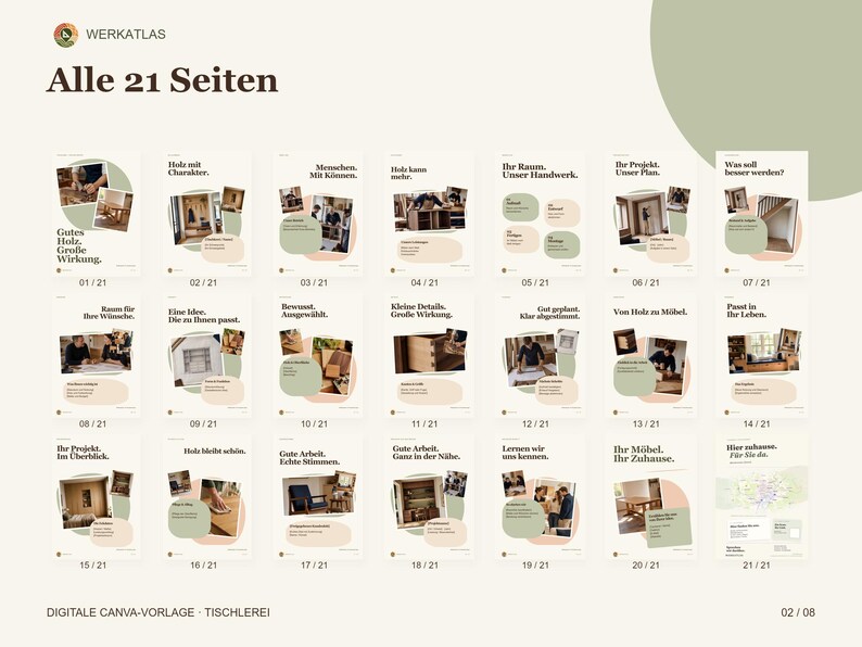 K&ouml;nnte beinhalten: Eine digitale Canva-Vorlage f&uuml;r eine Tischlerei mit 21 Seiten unter dem Titel Alle 21 Seiten. Jede Seite zeigt verschiedene Holzprojekte, Werkstattszenen und deutschen Text, angeordnet in einem Raster mit weichen gr&uuml;nen und beigen Akzenten.