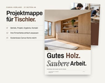 Bedrijfsportfolio voor een timmerbedrijf (Canva-sjabloon, 21 pagina's) | Portfolio met timmerprojecten, bedrijfsprofiel (A4) | ​​Bewerkbare brochure met afbeeldingen voor vakmensen
