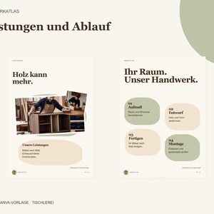 K&ouml;nnte beinhalten: Eine digitale Vorlage f&uuml;r eine Tischlerei mit dem Text 'Leistungen und Ablauf', 'Holz kann mehr' und 'Ihr Raum. Unser Handwerk.' Das Layout enth&auml;lt Abschnitte f&uuml;r Dienstleistungen, ma&szlig;gefertigte M&ouml;bel und eine vierstufige Prozessbeschreibung.
