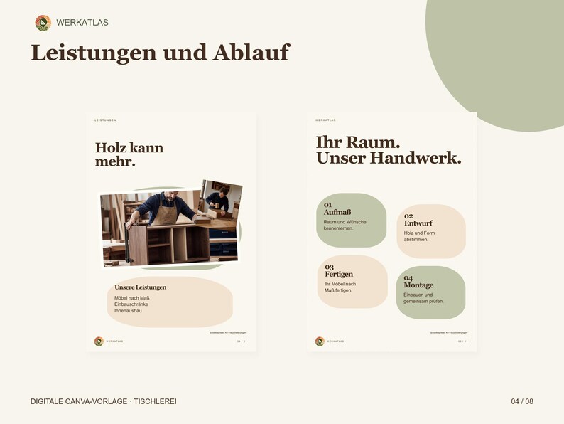 K&ouml;nnte beinhalten: Eine digitale Vorlage f&uuml;r eine Tischlerei mit dem Text 'Leistungen und Ablauf', 'Holz kann mehr' und 'Ihr Raum. Unser Handwerk.' Das Layout enth&auml;lt Abschnitte f&uuml;r Dienstleistungen, ma&szlig;gefertigte M&ouml;bel und eine vierstufige Prozessbeschreibung.