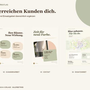 Op de afbeelding: Een digitaal Canva-sjabloon voor een schildersbedrijf met drie dia's met beige achtergronden, saliegroene accenten en donkerbruine tekst. De dia's tonen tekst in het Duits, waaronder koppen zoals So erreichen Kunden dich, Ihre R&auml;ume. Neue Wirkung, Zeit f&uuml;r neue Farbe en Hier zuhause. F&uuml;r Sie da, samen met secties voor contact en werkgebied.
