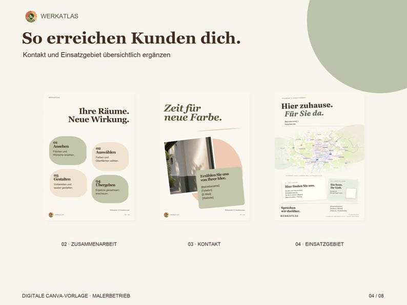 Op de afbeelding: Een digitaal Canva-sjabloon voor een schildersbedrijf met drie dia's met beige achtergronden, saliegroene accenten en donkerbruine tekst. De dia's tonen tekst in het Duits, waaronder koppen zoals So erreichen Kunden dich, Ihre R&auml;ume. Neue Wirkung, Zeit f&uuml;r neue Farbe en Hier zuhause. F&uuml;r Sie da, samen met secties voor contact en werkgebied.