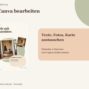K&ouml;nnte beinhalten: Eine digitale Canva-Vorlage f&uuml;r eine Tischlerei mit dem Text In Canva bearbeiten, Holz mit Charakter sowie Texte, Fotos, Karte austauschen. Das Layout enth&auml;lt Platzhalter f&uuml;r Bilder von Holzm&ouml;beln und verschiedene Textfelder.