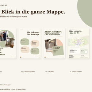 May include: A digital Canva template for plumbing and heating services featuring four pages with the text Ein Blick in die ganze Mappe, Gutes Bad. Gute W&auml;rme, Ihr Zuhause. Gut versorgt, Mehr Komfort. F&uuml;r zuhause, and Hier zuhause. F&uuml;r Sie da.