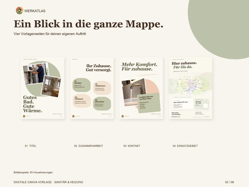 May include: A digital Canva template for plumbing and heating services featuring four pages with the text Ein Blick in die ganze Mappe, Gutes Bad. Gute W&auml;rme, Ihr Zuhause. Gut versorgt, Mehr Komfort. F&uuml;r zuhause, and Hier zuhause. F&uuml;r Sie da.