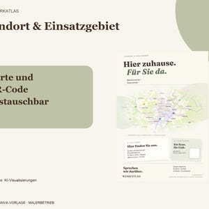 K&ouml;nnte beinhalten: Eine digitale Canva-Vorlage f&uuml;r einen Malerbetrieb mit dem Titel Standort & Einsatzgebiet. Sie enth&auml;lt eine Karte, Platzhalter f&uuml;r Kontaktdaten und einen QR-Code-Bereich. Das Design verwendet einen hellbeigen Hintergrund mit salbeigr&uuml;nen Akzenten.