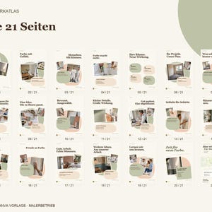 K&ouml;nnte beinhalten: Eine digitale Canva-Vorlage f&uuml;r einen Malerbetrieb mit 21 Seiten in einem einheitlichen Layout. Jede Seite zeigt verschiedene Fotos von Innenr&auml;umen, Akzente in Salbeigr&uuml;n und Pfirsich sowie deutsche Text&uuml;berschriften wie Alle 21 Seiten.
