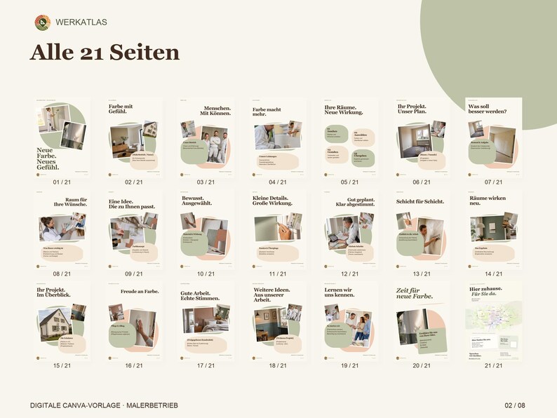 K&ouml;nnte beinhalten: Eine digitale Canva-Vorlage f&uuml;r einen Malerbetrieb mit 21 Seiten in einem einheitlichen Layout. Jede Seite zeigt verschiedene Fotos von Innenr&auml;umen, Akzente in Salbeigr&uuml;n und Pfirsich sowie deutsche Text&uuml;berschriften wie Alle 21 Seiten.