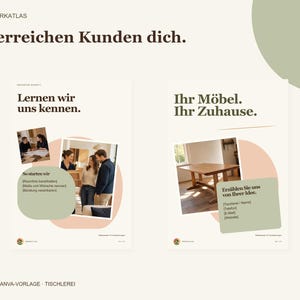 K&ouml;nnte beinhalten: Eine digitale Vorlage f&uuml;r eine Tischlerei mit zwei Seiten und deutschem Text. Die linke Seite zeigt Fotos von Personen bei der Planung, w&auml;hrend die rechte Seite einen Holztisch und Kontaktfelder f&uuml;r Projektanfragen darstellt.
