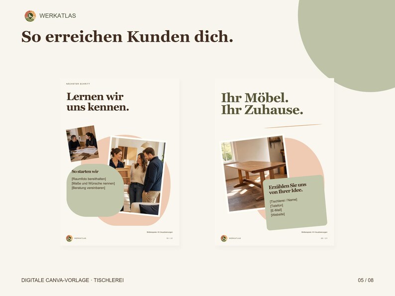 K&ouml;nnte beinhalten: Eine digitale Vorlage f&uuml;r eine Tischlerei mit zwei Seiten und deutschem Text. Die linke Seite zeigt Fotos von Personen bei der Planung, w&auml;hrend die rechte Seite einen Holztisch und Kontaktfelder f&uuml;r Projektanfragen darstellt.