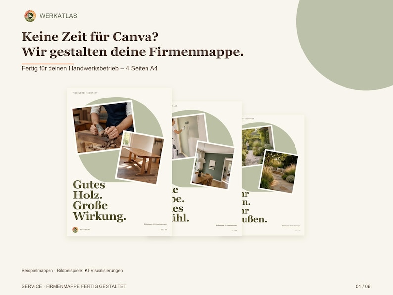 Op de afbeelding: Een promotionele afbeelding voor een vierpagina A4 bedrijfsmappenservice van Werkatlas. De tekst luidt: Keine Zeit f&uuml;r Canva? Wir gestalten deine Firmenmappe. Fertig f&uuml;r deinen Handwerksbetrieb. Het toont drie overlappende document-mockups met diverse foto's van ambacht en interieurontwerp tegen een lichtcr&egrave;me achtergrond met saliegroene cirkelvormige accenten.
